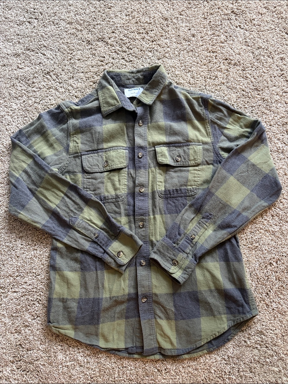 Old Navy Green and Gray Plaid Flannel Button-Down Shirt